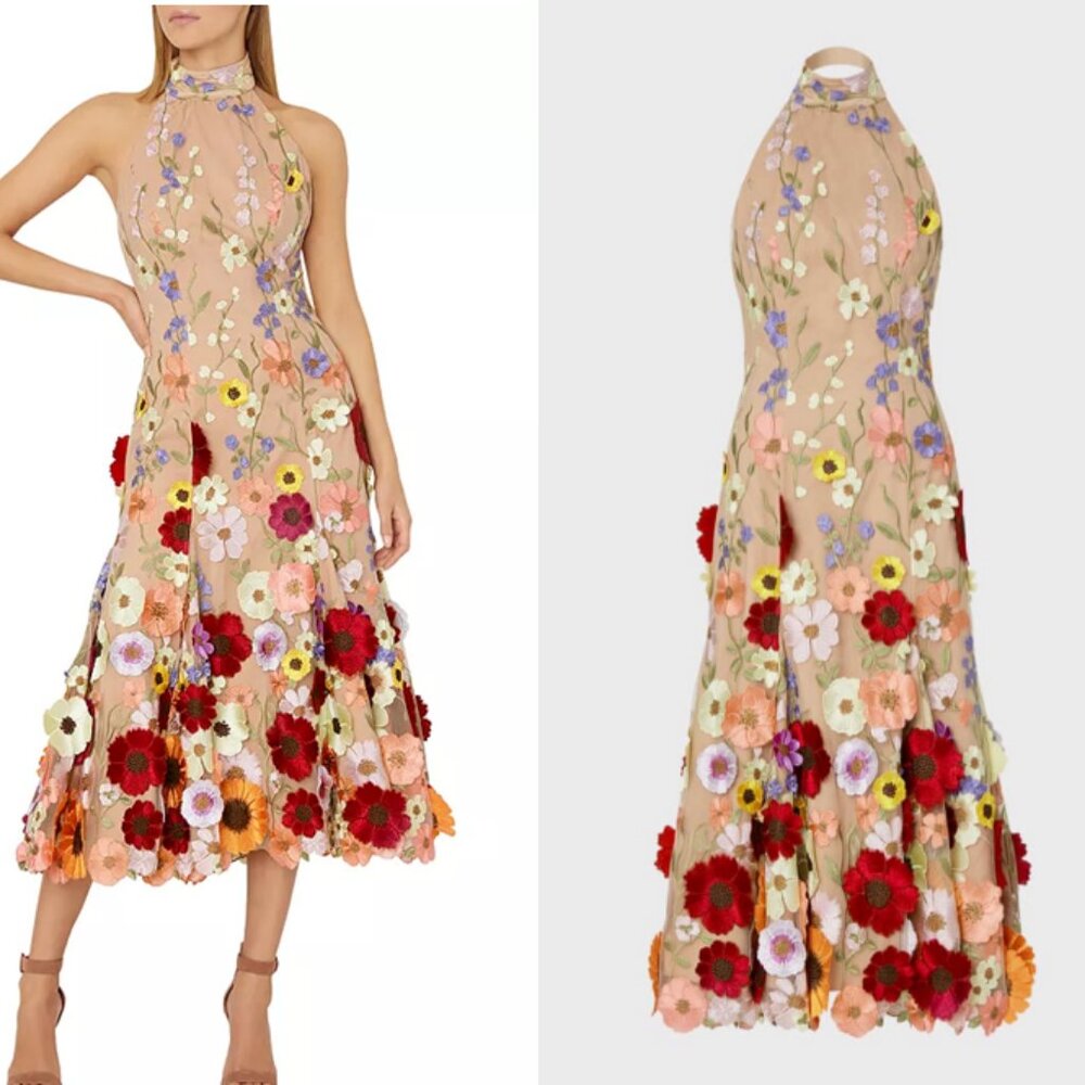 Milly Penelope 3D Floral Halter Midi Dress 2 NWT